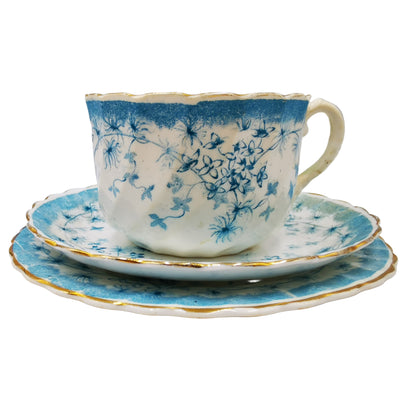 Antique James Beech & Son Rd No 219004 Blue and White Bone China Teacup Trio