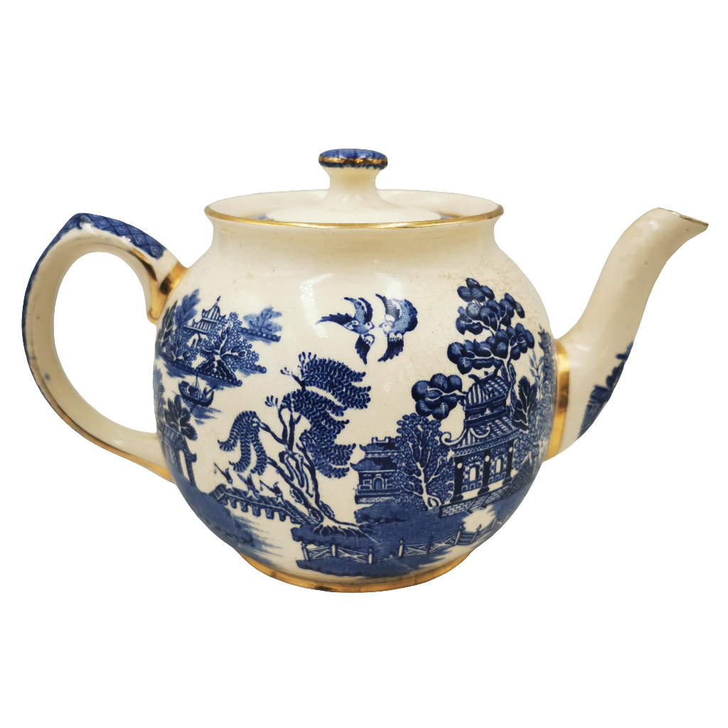 Antique Sadler Blue and White China Blue Willow Round Ball Teapot ...