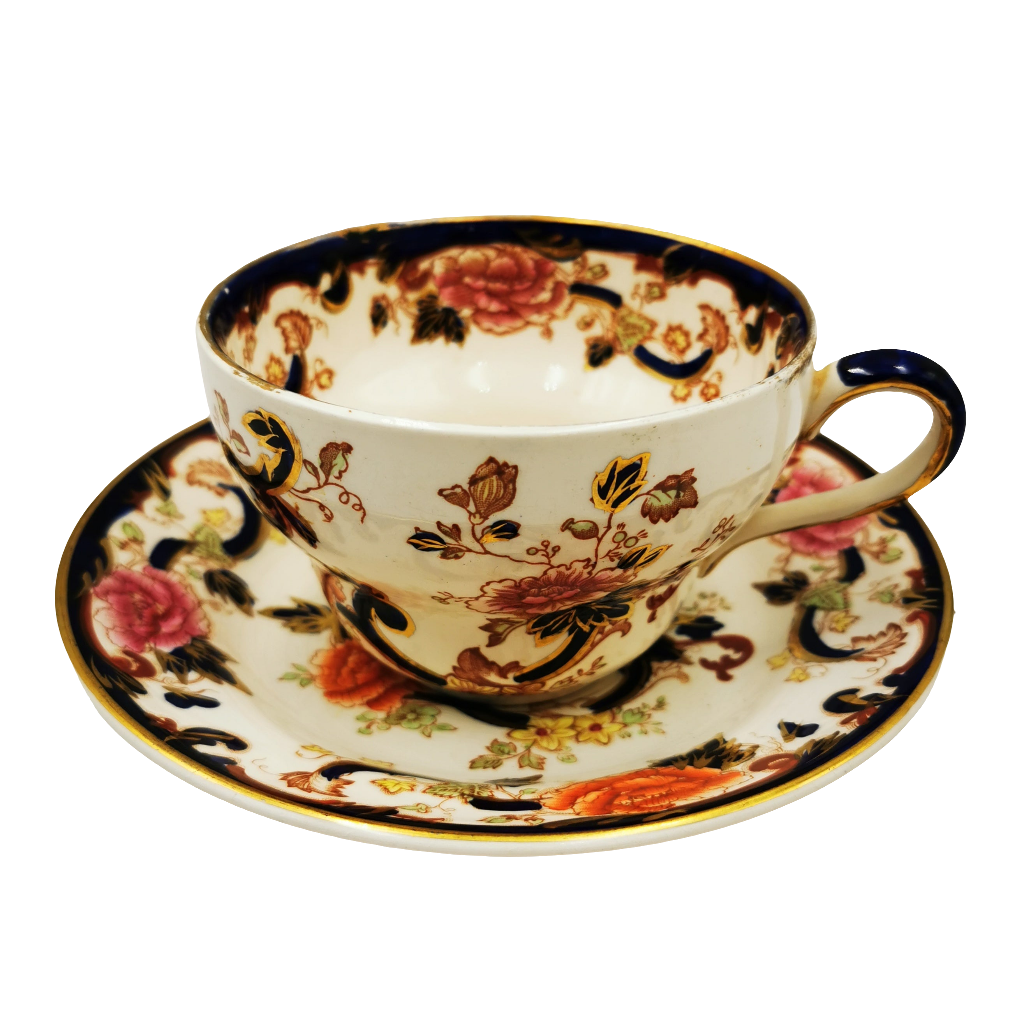 Antique Masons Mandalay Blue Ironstone China Pear Shape Breakfast Cup and Saucer