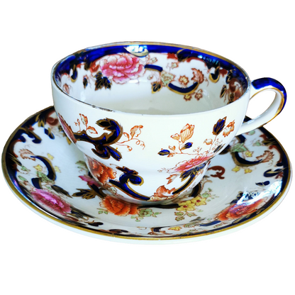 Antique Masons Mandalay Blue Ironstone China Pear Shape Breakfast Cup and Saucer