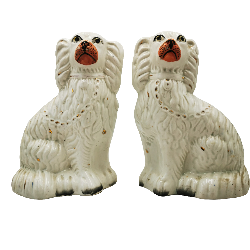 Pair of Antique White Cream & Copper Lustre Decorated Staffordshire Style China Dogs