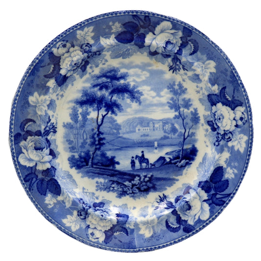 Antique Wedgwood Blue and White China Blue Rose Border Landscape Plate