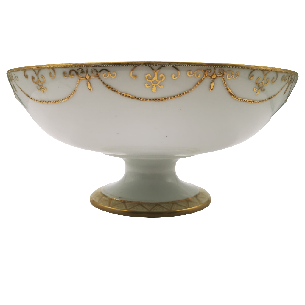 Antique Hand Painted Green and Gilt Floral Fruit Stand