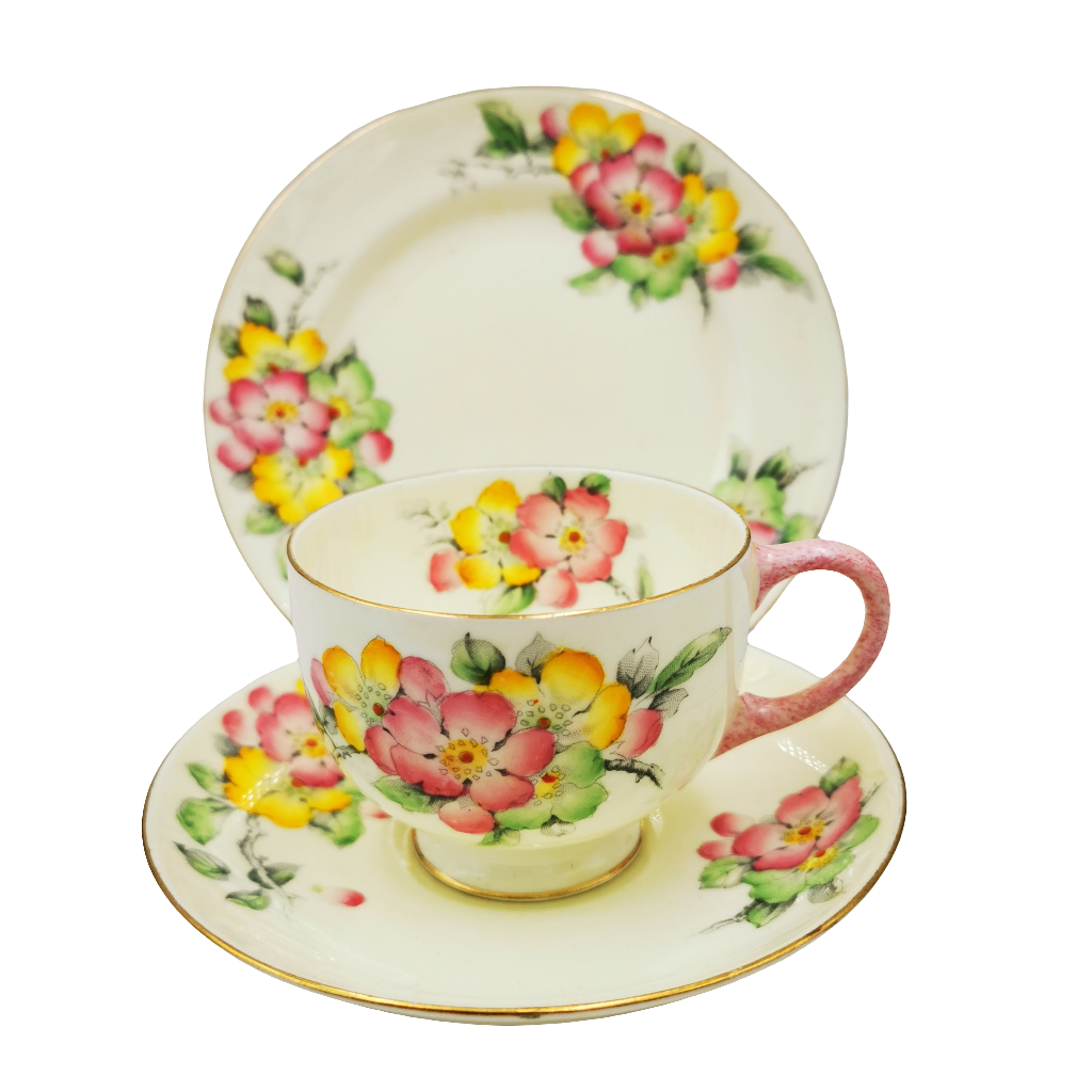 Antique Paragon China Apple Blossom Teacup, Saucer and Side Plate Trio Tea cup and saucer set with floral design on a white background
