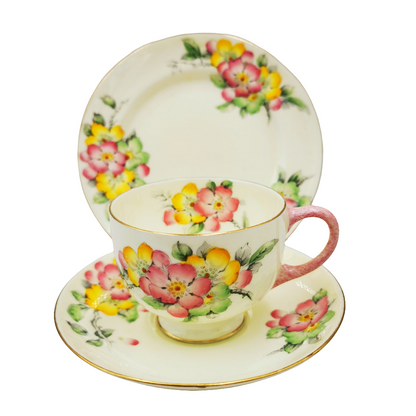 Antique Paragon China Apple Blossom Teacup, Saucer and Side Plate Trio Tea cup and saucer set with floral design on a white background