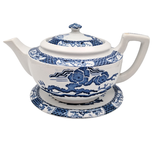 Very Rare Antique Thomas Till and Sons Pagoda Blue and White Teapot and Stand