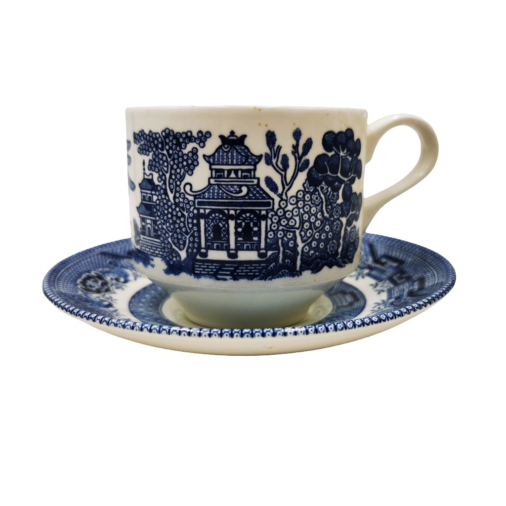 Churchill Blue Willow Blue And White China Mid-Century Teacup and Saucer