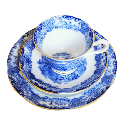 Antique Heathcote Blue and White China Old English Scenery 4658 Teacup Saucer and Side Plate