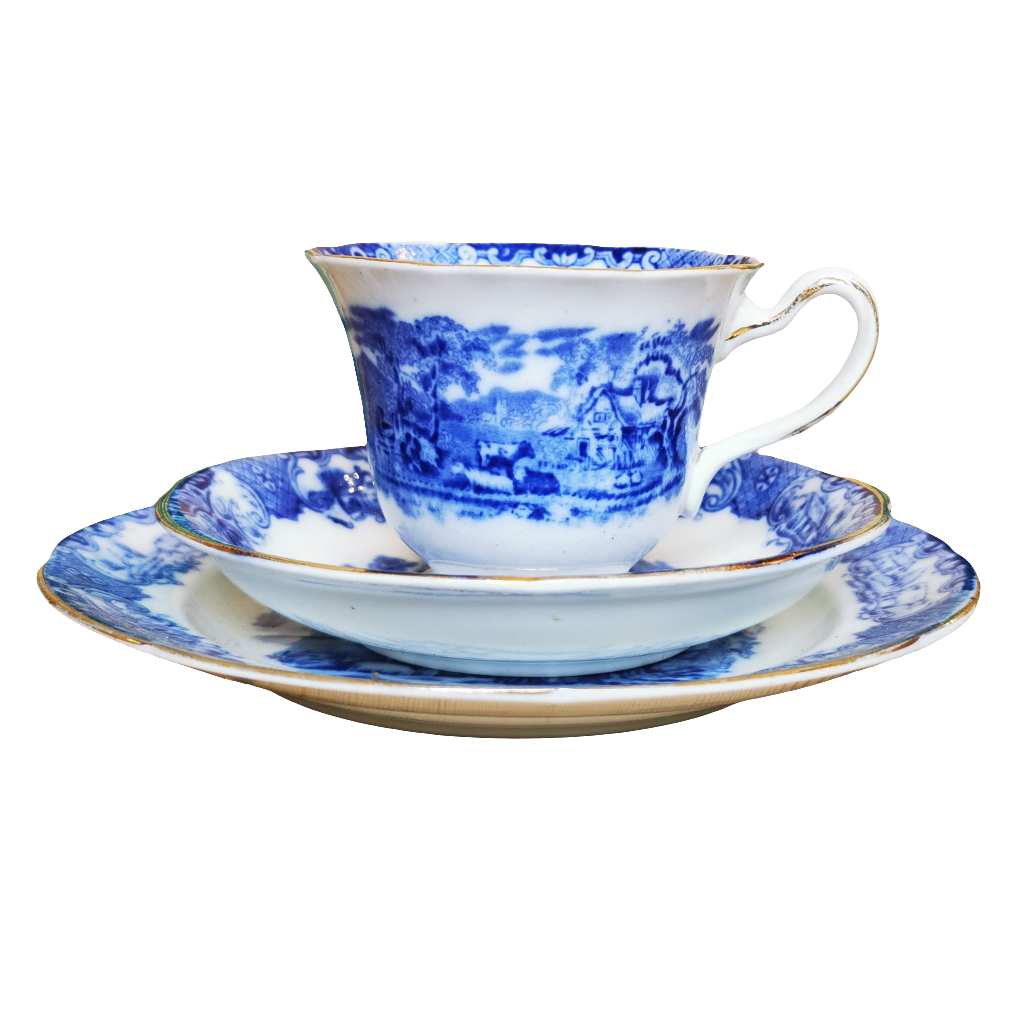 Antique Heathcote Blue and White China Old English Scenery 4658 Teacup Saucer and Side Plate