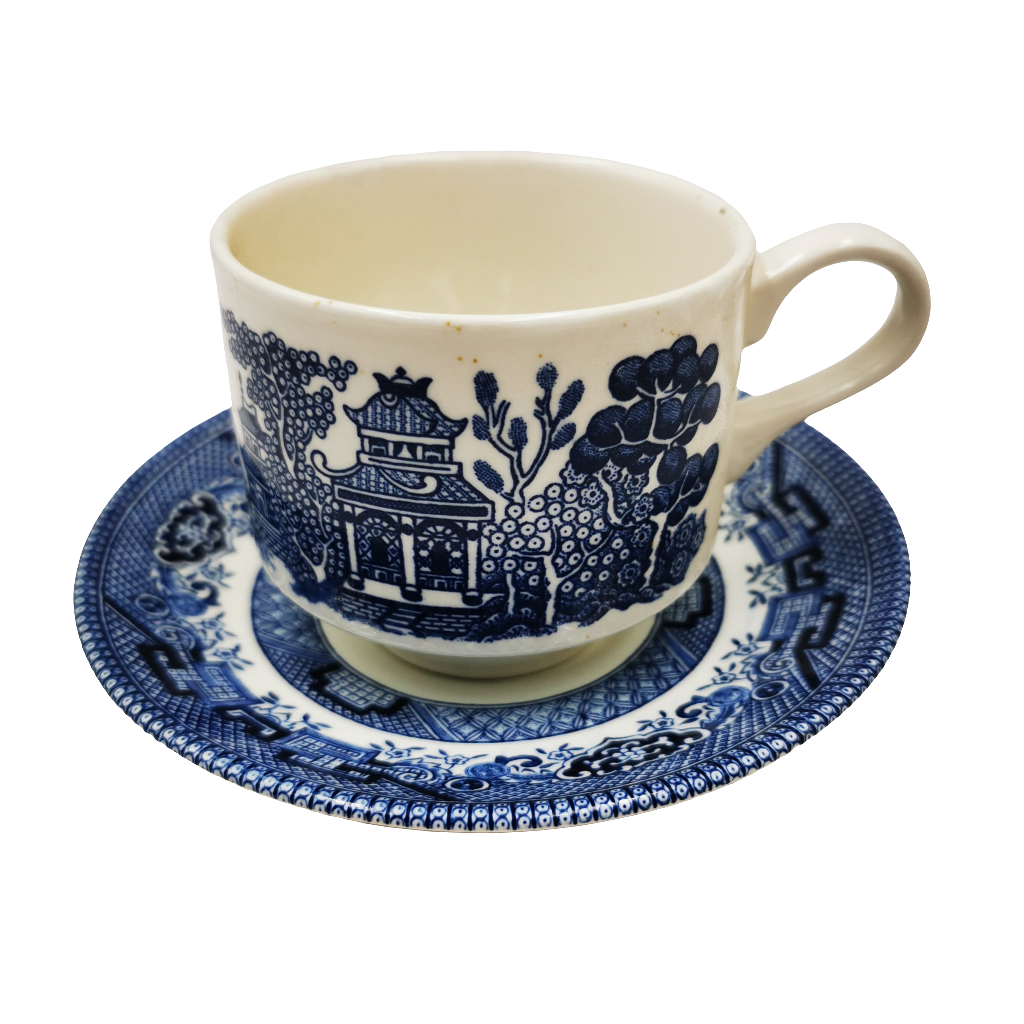Churchill Blue Willow Blue And White China Mid-Century Teacup and Saucer