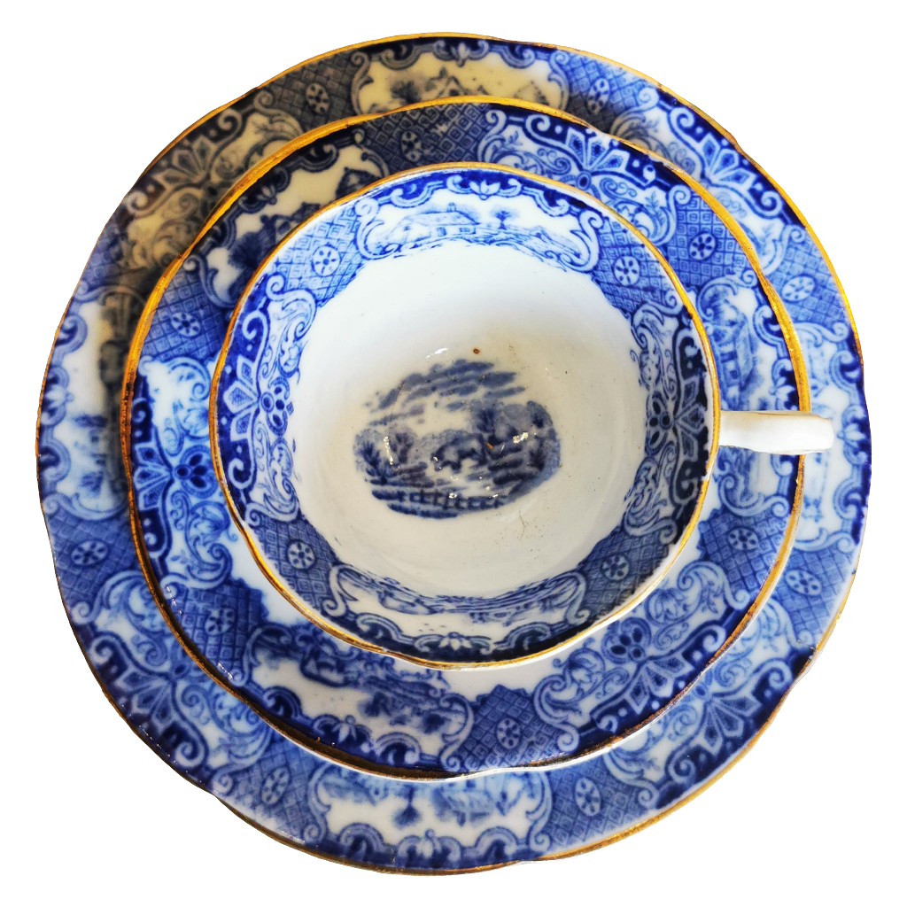 Antique Heathcote Blue and White China Old English Scenery 4658 Teacup Saucer and Side Plate