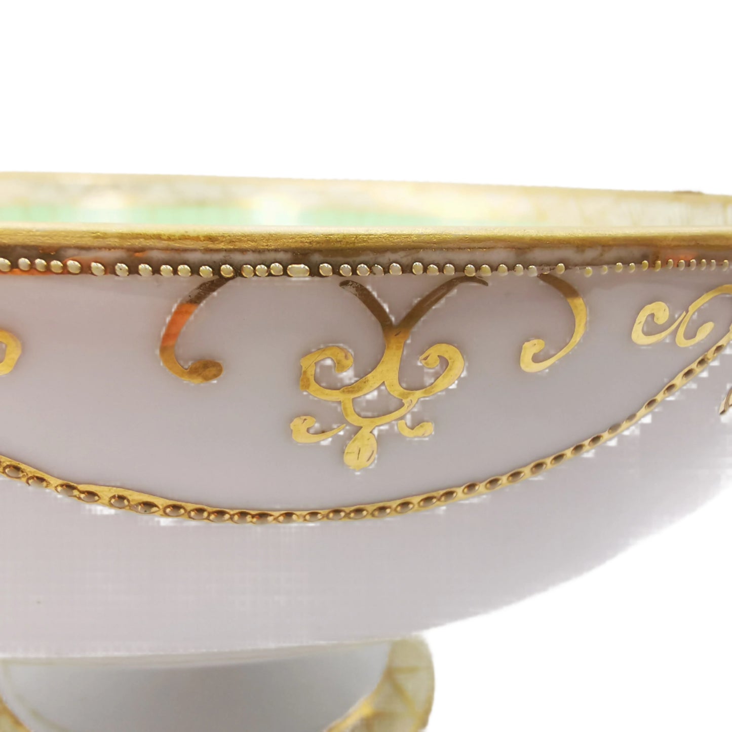 Antique Hand Painted Green and Gilt Floral Fruit Stand