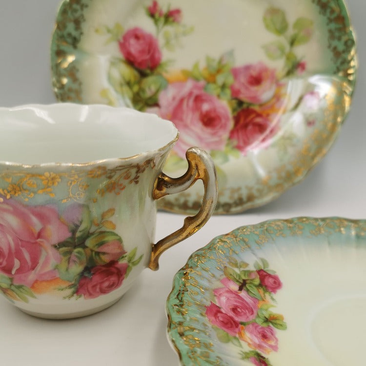 Antique Beyer and Bock Floral porcelain China Teacup Saucer and Side Plate