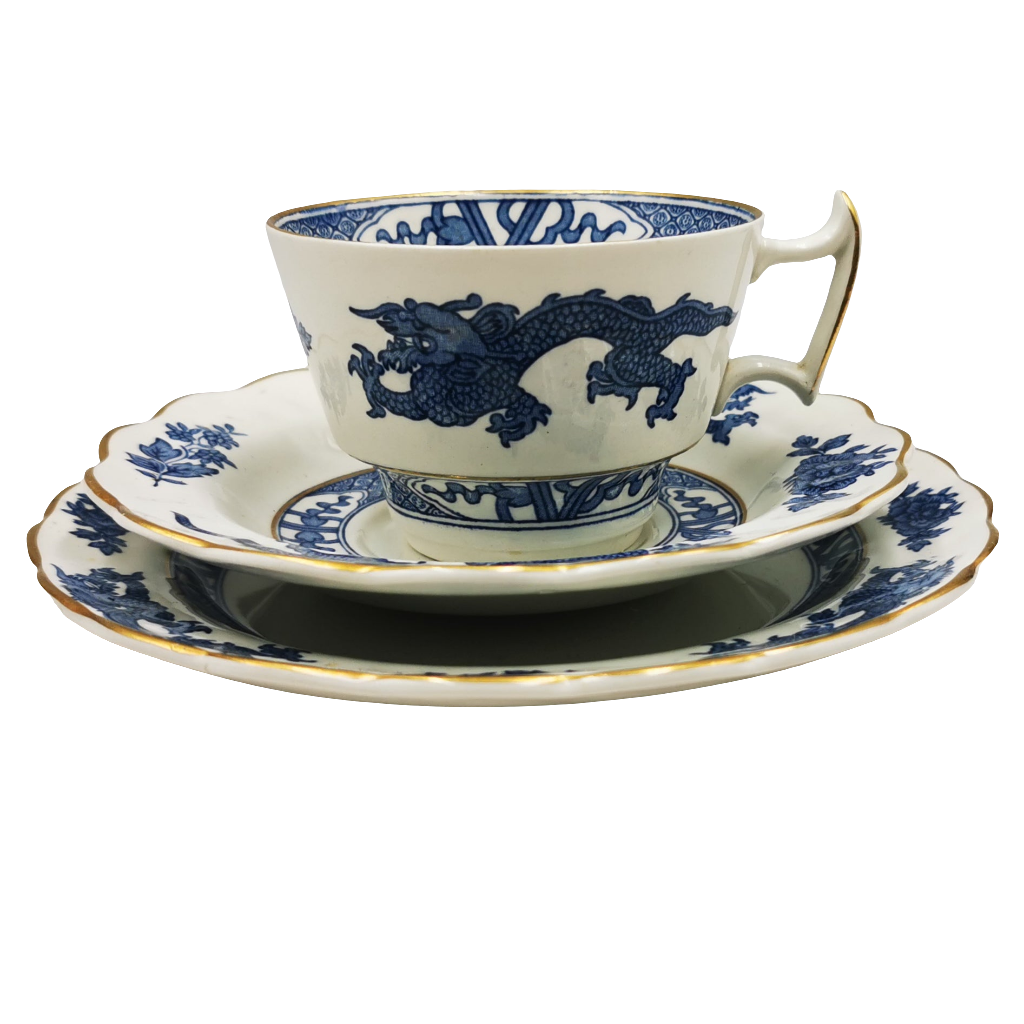 Booths Silicon China blue and White Dragon A8029 Teacup Trio