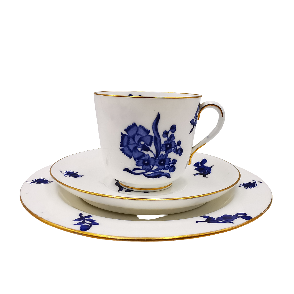 Royal Crown Derby China Blue Carnation Teacup, Saucer and Side Plate