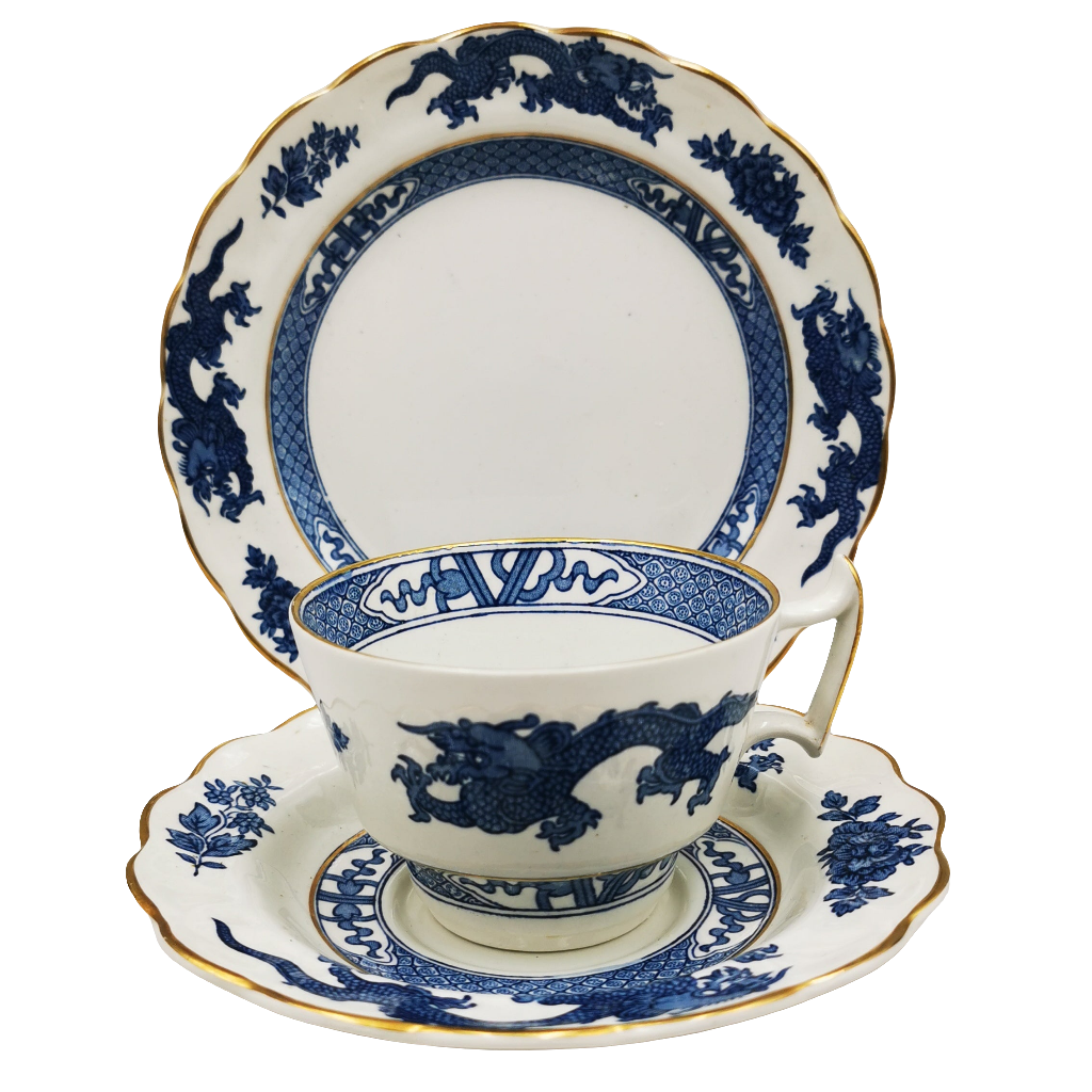 Booths Silicon China blue and White Dragon A8029 Teacup Trio