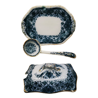 Antique Sampson Bridgwood Grecian Blue and White China Sauce Tureen Set