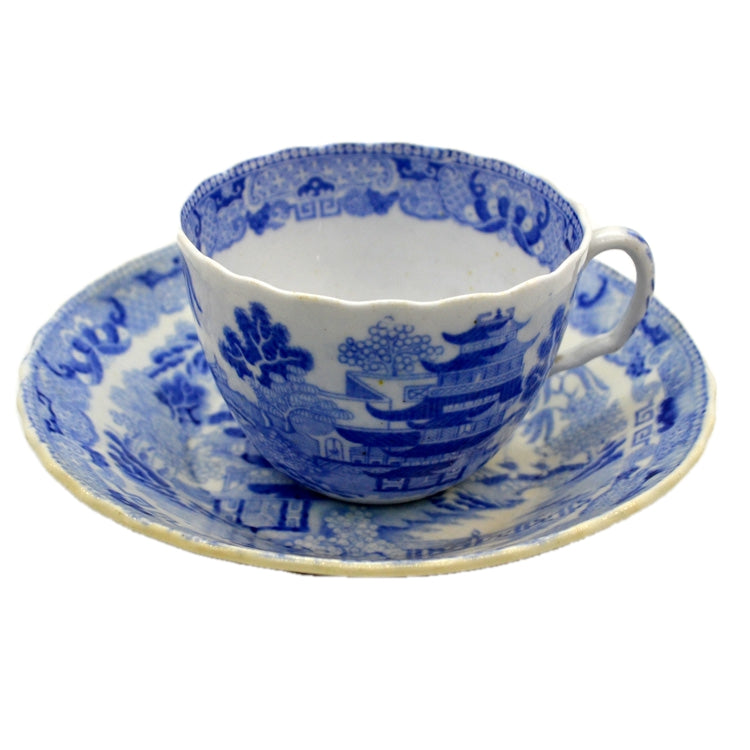 Antique English Blue and White Porcelain China Temples Cup & Saucer