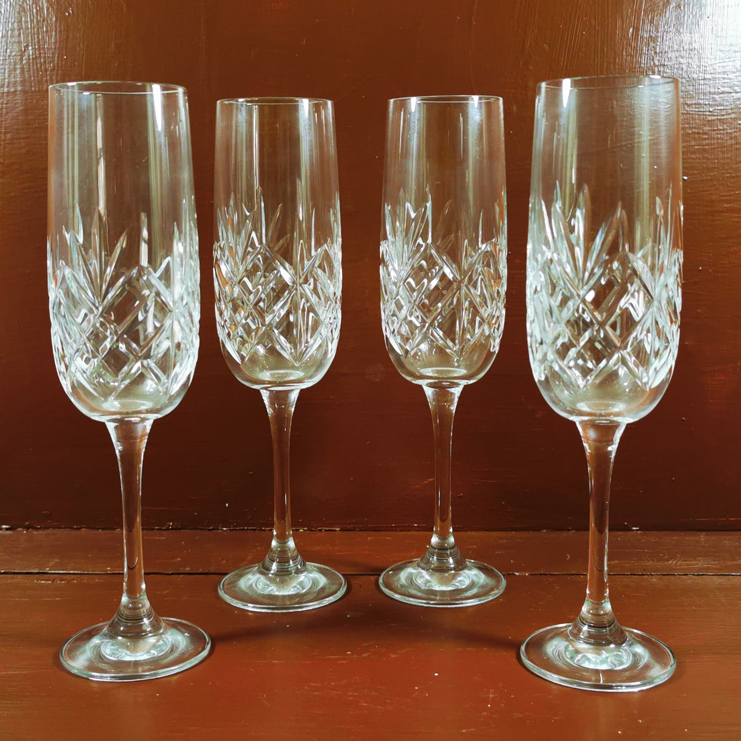 Vintage Set of 4 Lead Tall Crystal Champagne Flute Glasses