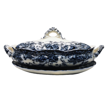 Keeling & Co Antique Blue and White Chatsworth China Oval Lidded Tureen and Stand