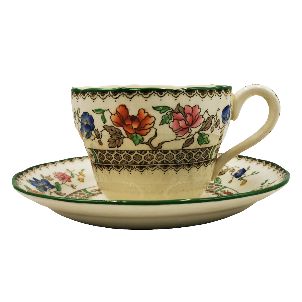 Spode Chinese Rose Green Rim Teacup and Saucer