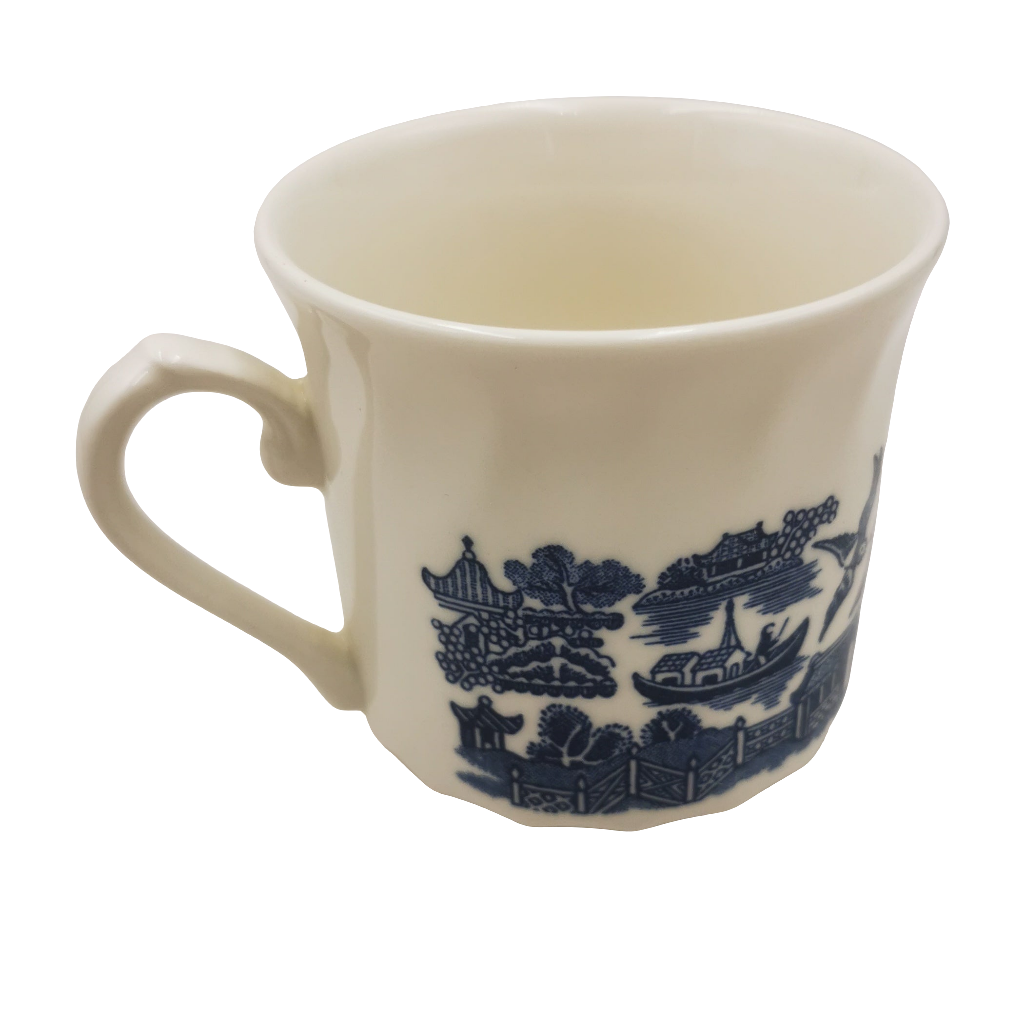 Vintage Churchill China Blue Willow Small Coffee Mug White mug with blue decorative patterns on a white background