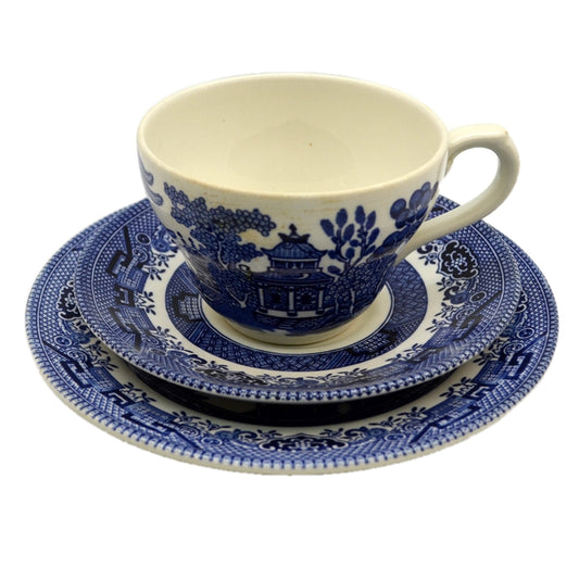 Churchill Blue and White Willow Pattern China Tea Cup, Saucer And Tea Plate Trio