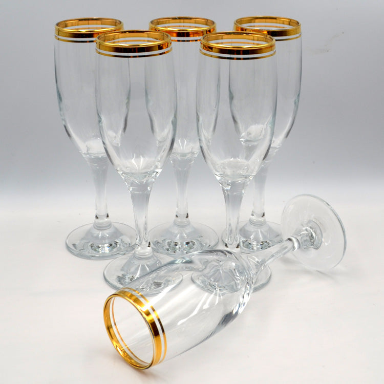 Vintage Set of 6 Boxed Rayware Classic Gold Glass Champagne Flutes