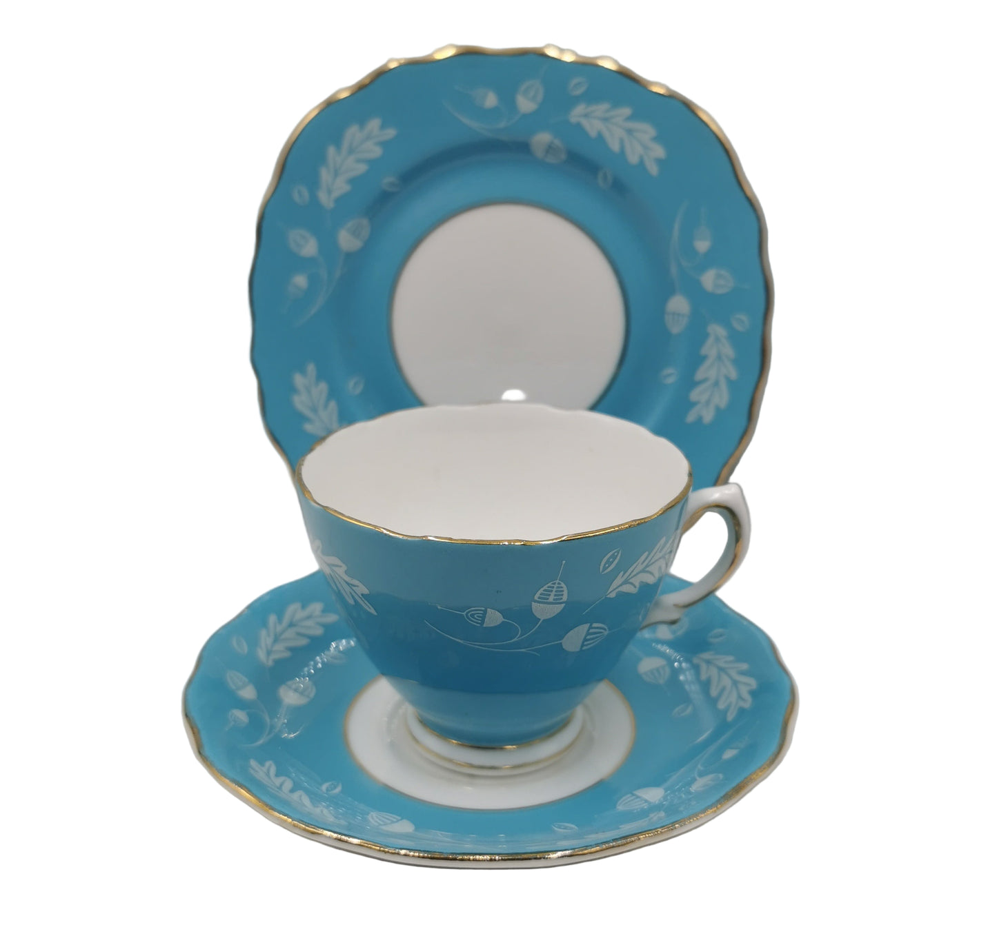 Colclough Blue Acorn China 7582 Teacup Saucer and Side Plate Trio