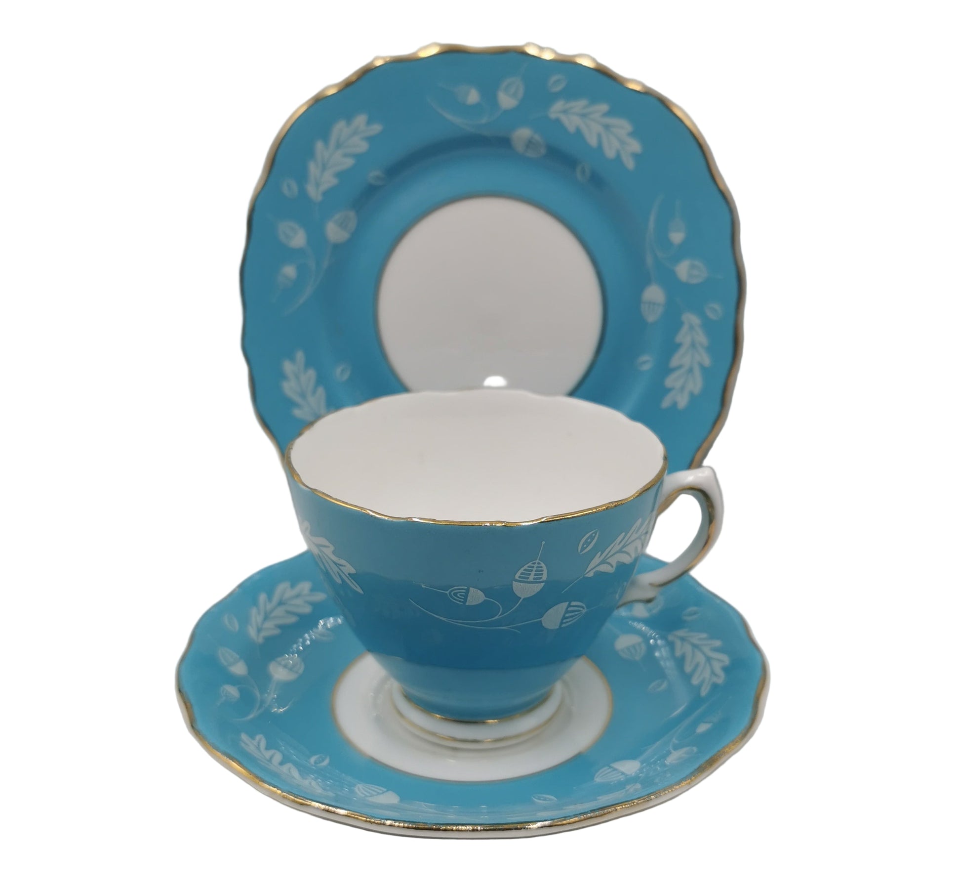 Colclough Blue Acorn China 7582 Teacup Saucer and Side Plate Trio