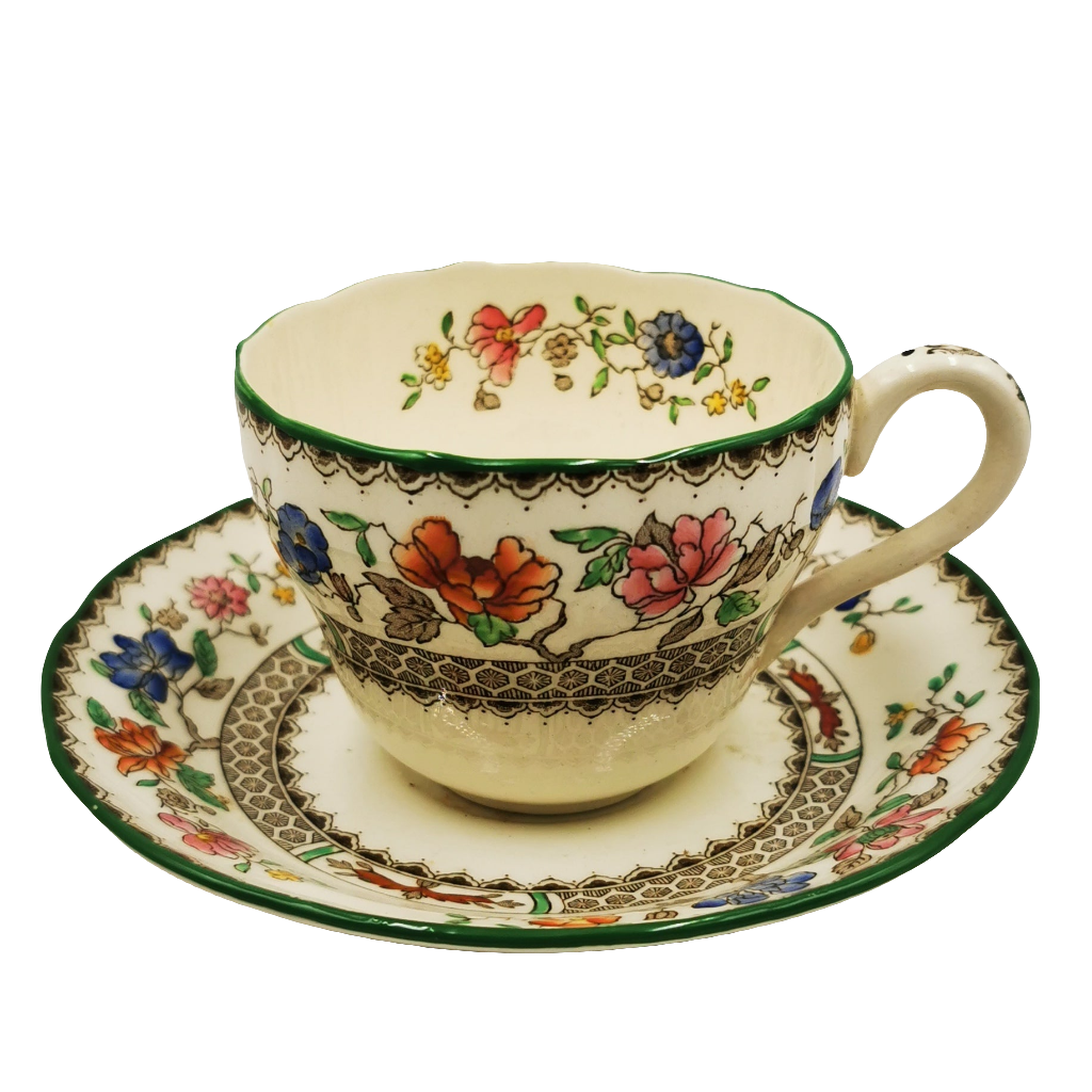 Spode Chinese Rose Green Rim Teacup and Saucer