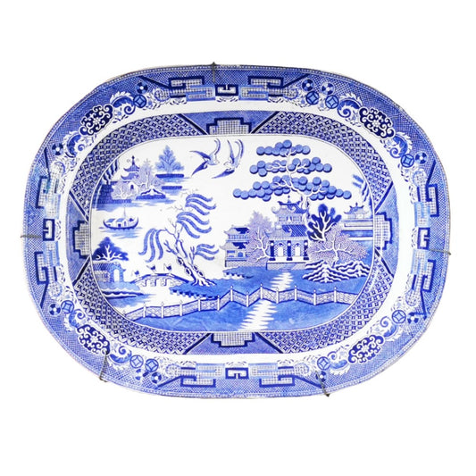 Antique Cork, Edge & Malkin Staffordshire Blue and White China Willow Pattern Serving Platter