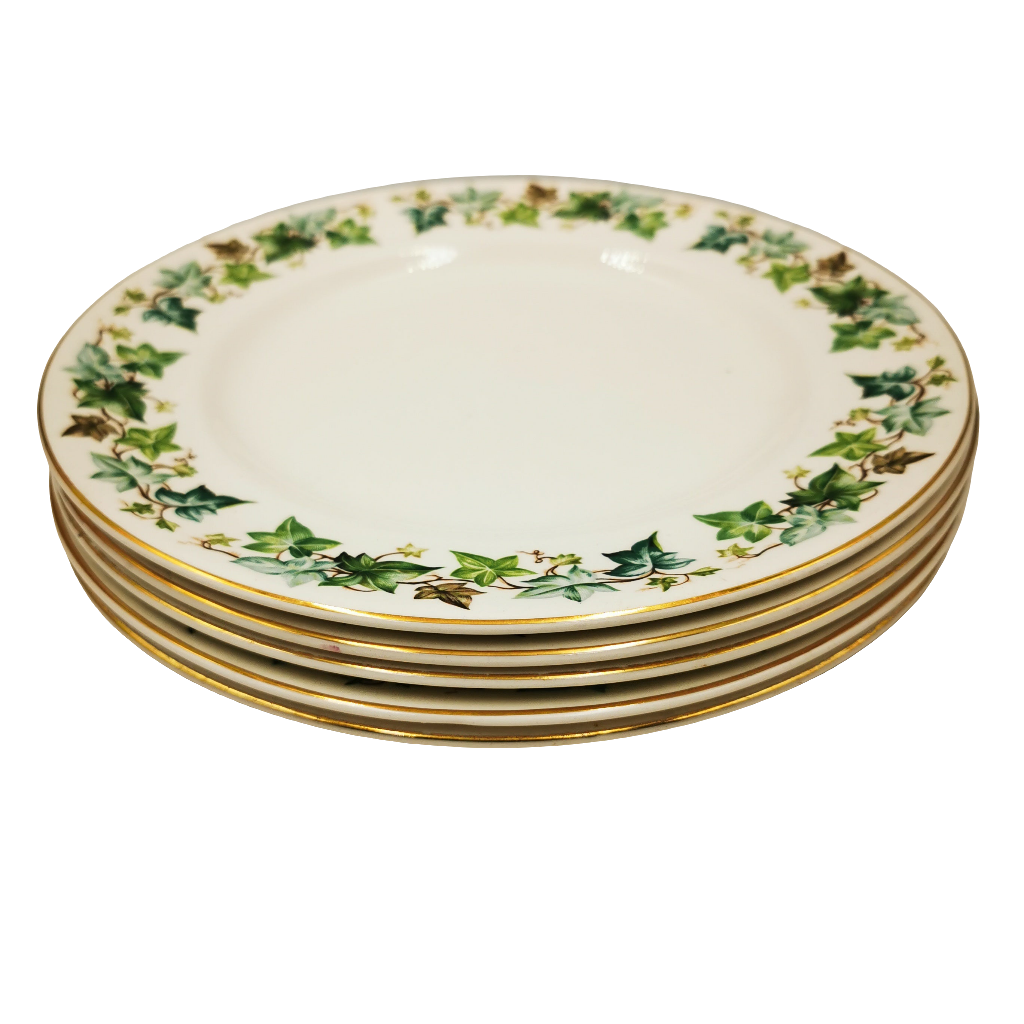 Johnson Brothers China Old Chelsea Ivy Leaf 8-7/8th-inch Dessert Plate Set of four decorative plates with green leaf pattern on a white background