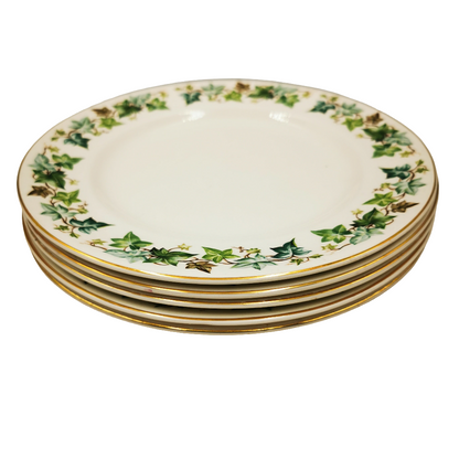 Johnson Brothers China Old Chelsea Ivy Leaf 8-7/8th-inch Dessert Plate Set of four decorative plates with green leaf pattern on a white background