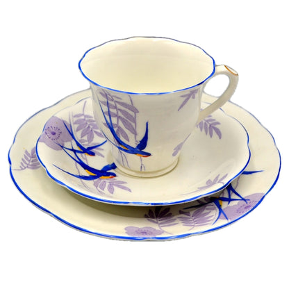 Elijah Brain Foley China Art Deco Blue Birds Teacup Saucer and Side Plate Trio