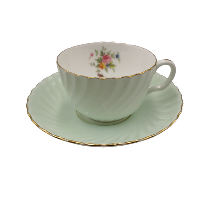 Minton Fluted Pale Green and White China Teacup Saucer & Side Plate Trio
