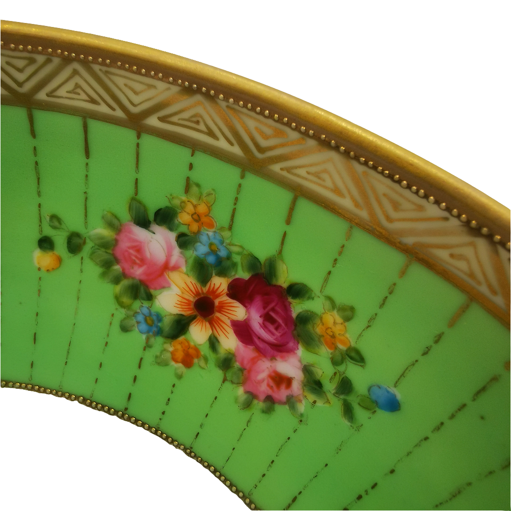 Antique Hand Painted Green and Gilt Floral Fruit Stand