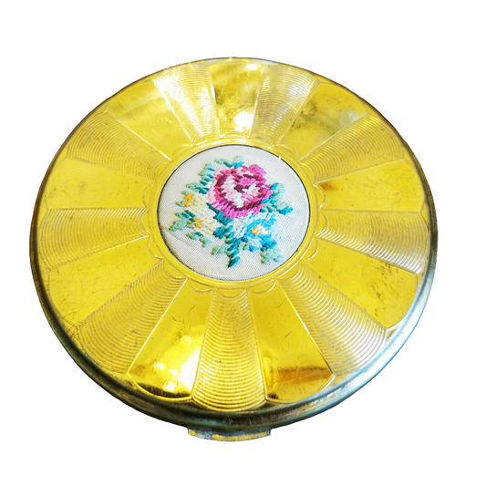 Vintage Ladies Powder Mirror Compact With Embroidered Centre Panel