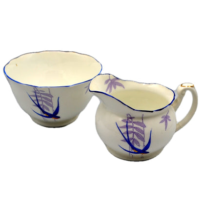 Foley Bone China Art Deco Blue Birds Sugar Bowl & Milk Jug by Elijah Brain