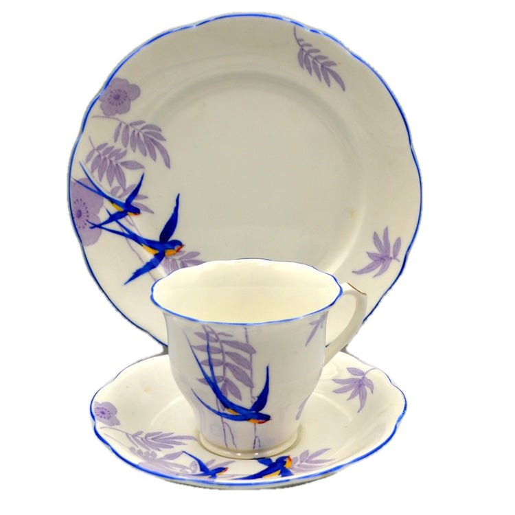 Elijah Brain Foley China Art Deco Blue Birds Teacup Saucer and Side Plate Trio