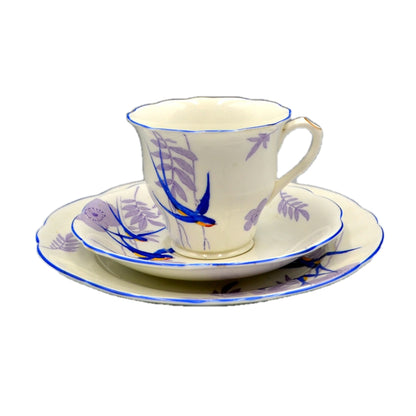 Elijah Brain Foley China Art Deco Blue Birds Teacup Saucer and Side Plate Trio