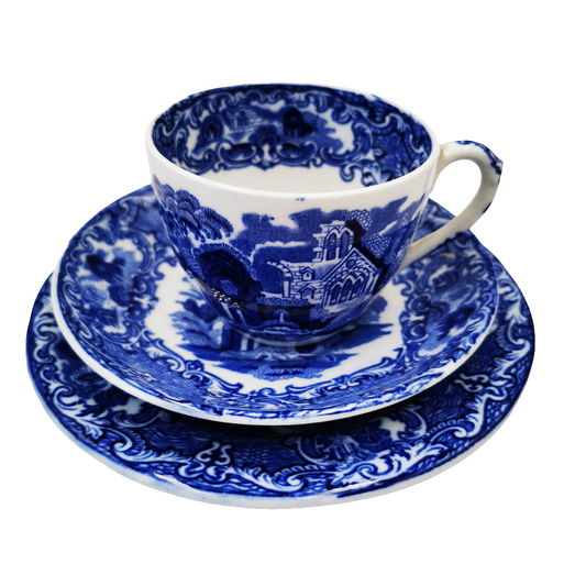 George Jones & Sons Abbey Flo Blue and White China Teacup trio