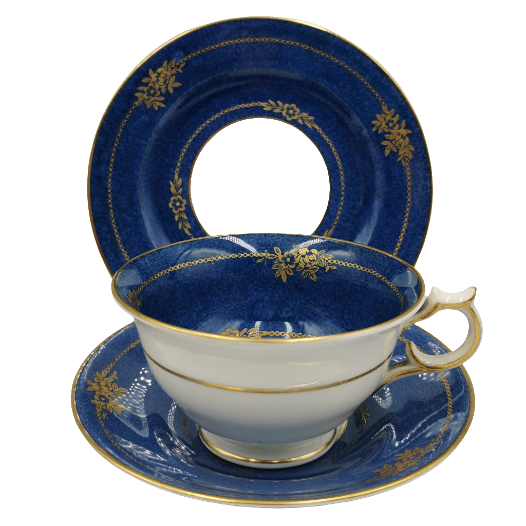 Antique George Jones & Sons Crescent 25781 Blue and White China Teacup Trio