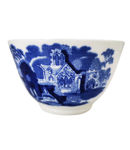 George Jones & Sons Abbey Flo Blue and White China Sugar Bowl Ceramic bowl with blue scenic design on a white background