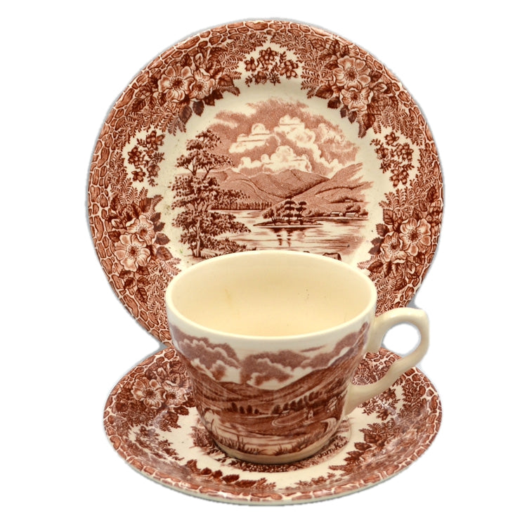 nglish Ironstone Tableware Brown and White lake District China Teacup Saucer and Side Plate