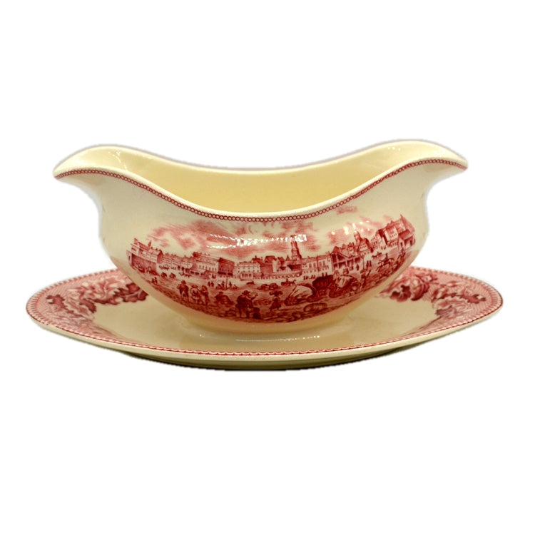 Johnson Bros Red and White China Historic America New Orleans Gravy Boat with Fixed saucer