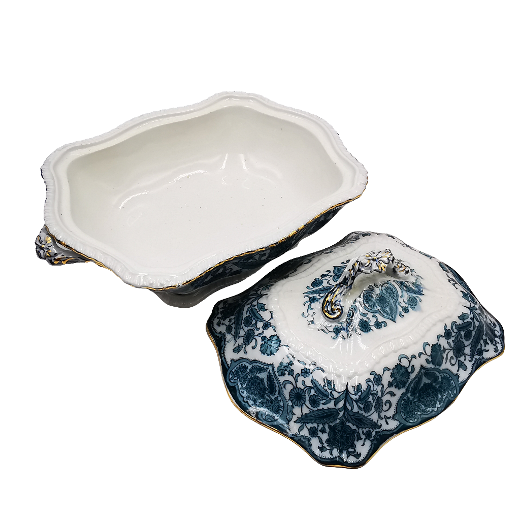 Antique Sampson Bridgwood Grecian Blue and White Vegetable Tureen