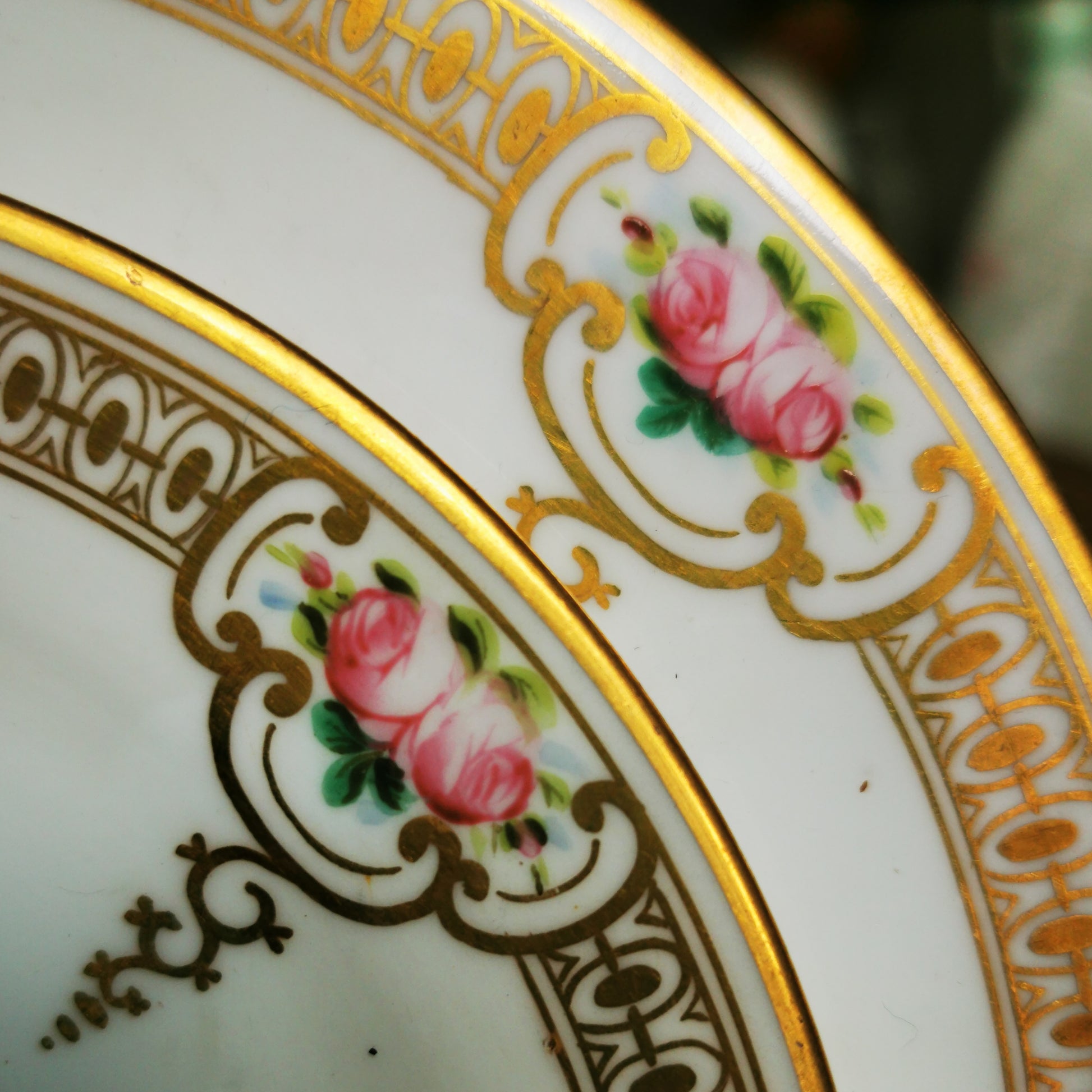 Antique Rose Bud Floral Porcelain and Gilt China Hand Decorated Teacup Saucer Side and Dessert Plate Set