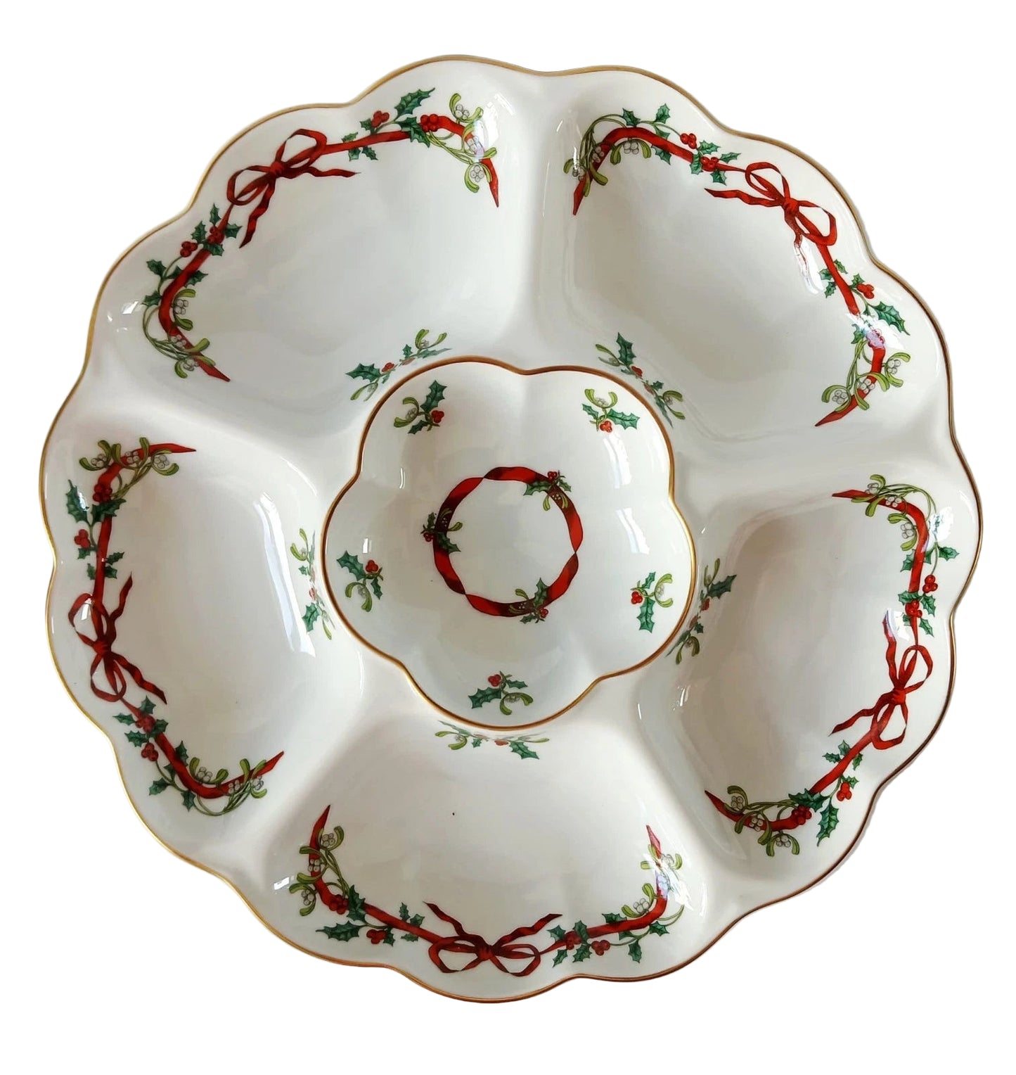 Royal  Worcester china Holly RibbonsDecorative ceramic dish with red ribbon and green leaf pattern on a white background