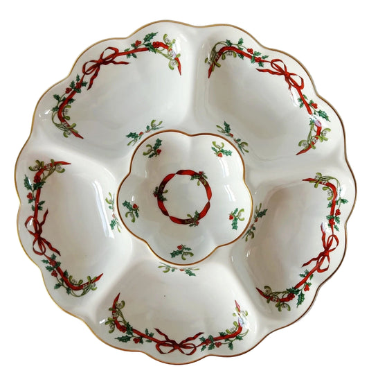 Royal  Worcester china Holly RibbonsDecorative ceramic dish with red ribbon and green leaf pattern on a white background
